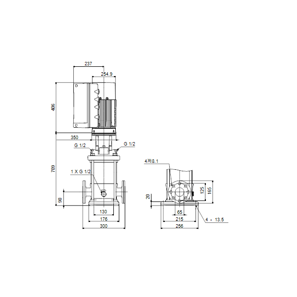 Вертикальный многоступенчатый центробежный насос Grundfos CRE 20-6 A-F-A-E-HQQE артикул 99071662 – габаритный чертеж