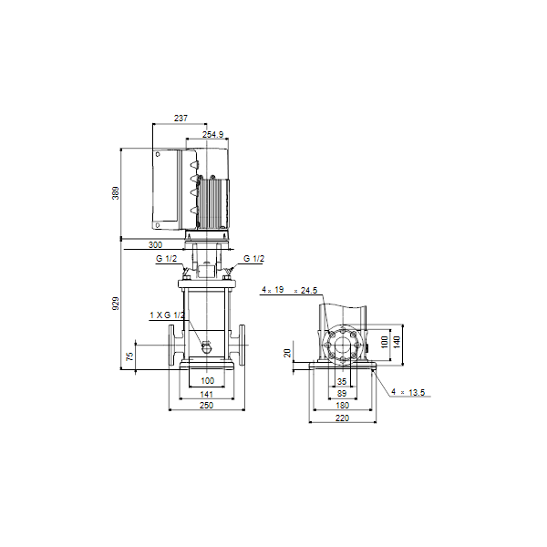 Вертикальный многоступенчатый центробежный насос Grundfos CRE 5-24 N-FGJ-A-E-HQQE артикул 99075978 – габаритный чертеж