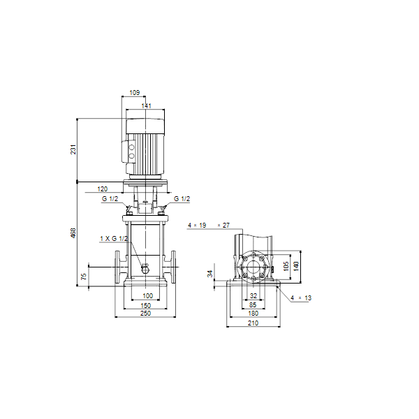 Вертикальный многоступенчатый центробежный насос Grundfos CRN 1-13 A-FGJ-A-V-HQQV артикул 96516431 – габаритный чертеж
