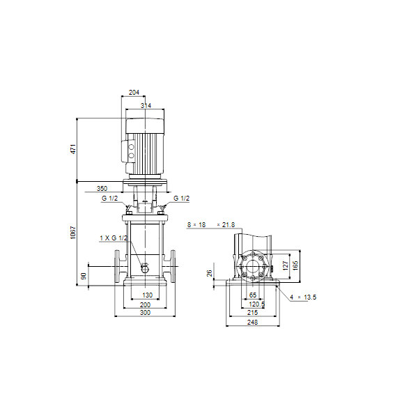 Вертикальный многоступенчатый центробежный насос Grundfos CRN 20-14 A-FGJ-A-V-HQQV артикул 96500661 – габаритный чертеж