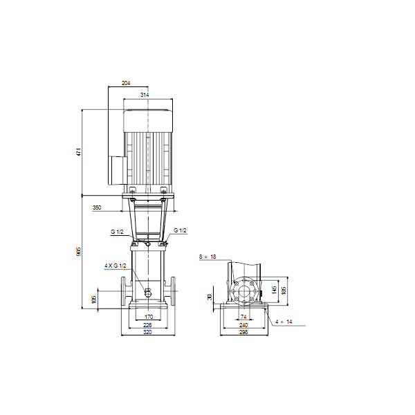 Вертикальный многоступенчатый центробежный насос Grundfos CRN 32-6-2 A-F-A-E-HQQE артикул 96122360 – габаритный чертеж