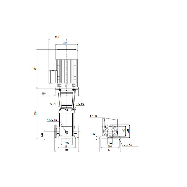 Вертикальный многоступенчатый центробежный насос Grundfos CRN 64-3-2 A-F-A-V-HQQV артикул 96123801 – габаритный чертеж