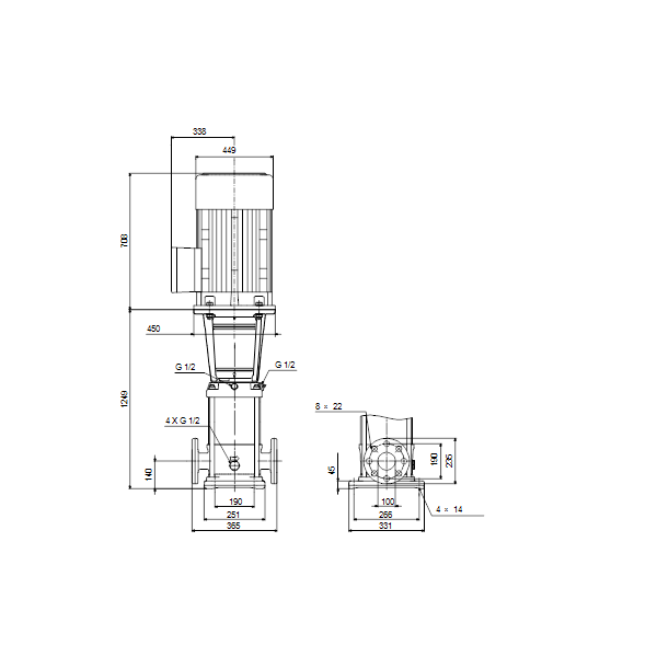 Вертикальный многоступенчатый центробежный насос Grundfos CRN 64-8-1 A-F-A-E-HQQE артикул 96123795 – габаритный чертеж