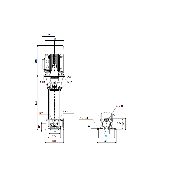 Вертикальный многоступенчатый центробежный насос Grundfos CRN 95-6 A-F-A-E-HQQE артикул 99141765 – габаритный чертеж