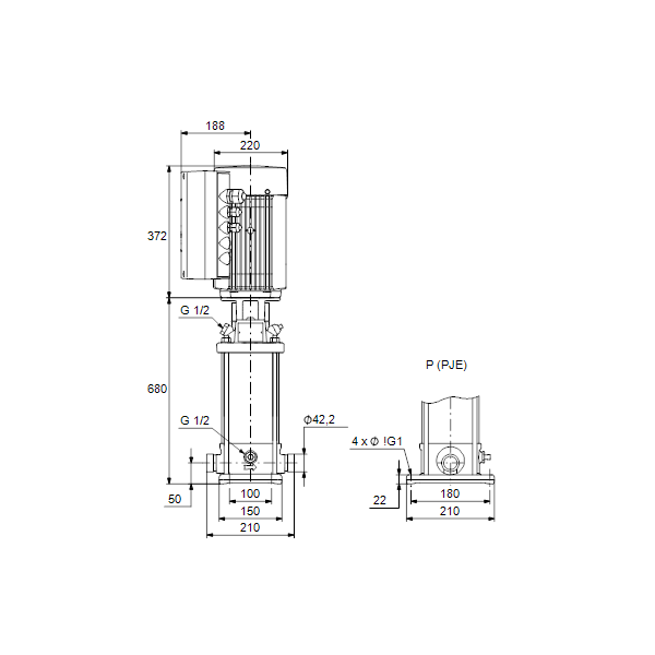 Вертикальный многоступенчатый центробежный насос Grundfos CRNE 1-23 HS HS-P-GI-V-HQQV артикул 96472526 – габаритный чертеж