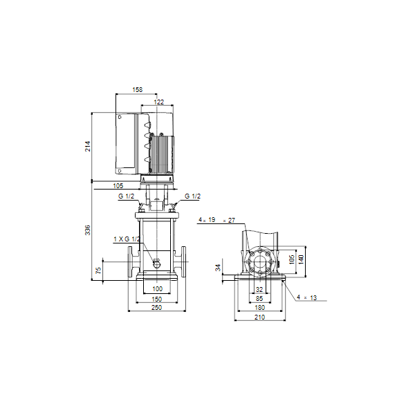 Вертикальный многоступенчатый центробежный насос Grundfos CRNE 1-6 A-FGJ-A-E-HQQE артикул 98389460 – габаритный чертеж