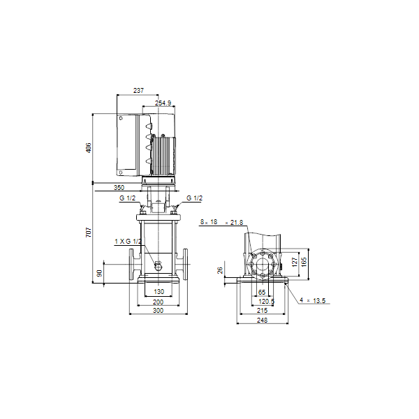 Вертикальный многоступенчатый центробежный насос Grundfos CRNE 20-6 A-FGJ-A-E-HQQE артикул 99071722 – габаритный чертеж