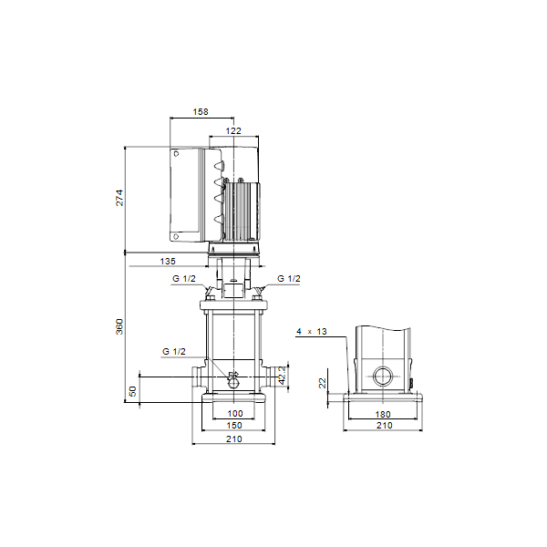 Вертикальный многоступенчатый центробежный насос Grundfos CRNE 5-5 N-P-A-E-HQQE артикул 98390186 – габаритный чертеж