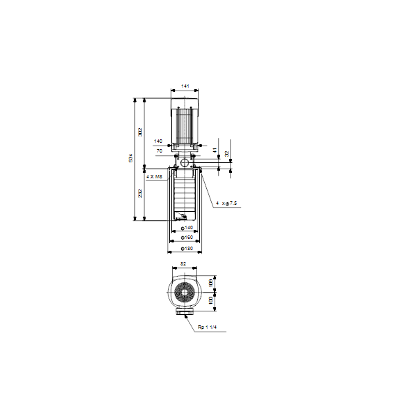 Полупогружной насос Grundfos MTR 1-6/6 A-M-A-HUUV артикул 96515179 – габаритный чертеж
