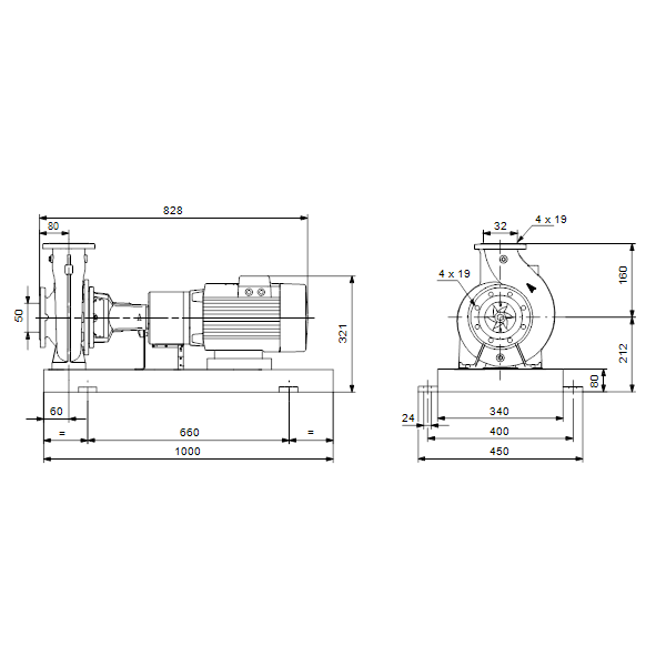Консольный насос с односторонним всасыванием Grundfos NKG 50-32-160.1/177 A2-F-A-E-BAQE артикул 95102783 – габаритный чертеж