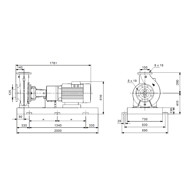 Консольный насос с односторонним всасыванием Grundfos NK 100-250/242 EUP A2-F-A-E-BAQE артикул 98838976 – габаритный чертеж