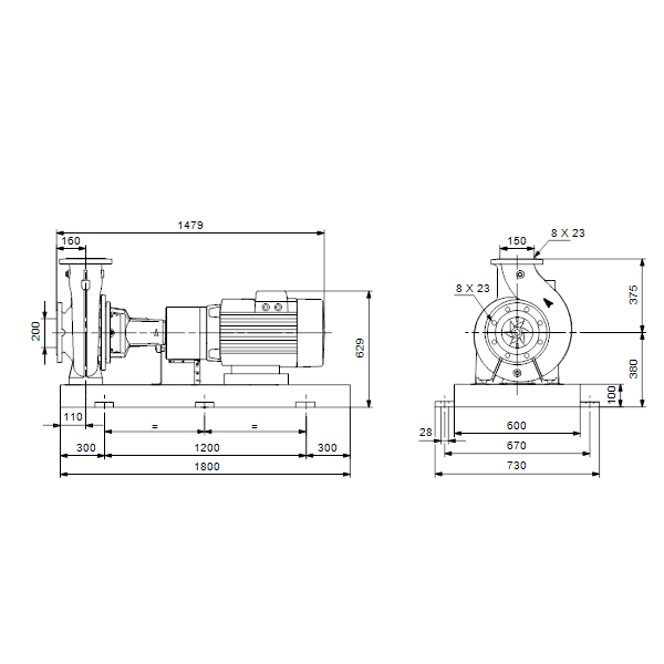 Консольный насос с односторонним всасыванием Grundfos NK 150-250/226-214 EUP A2-F-A-E-BAQE артикул 98839042 – габаритный чертеж