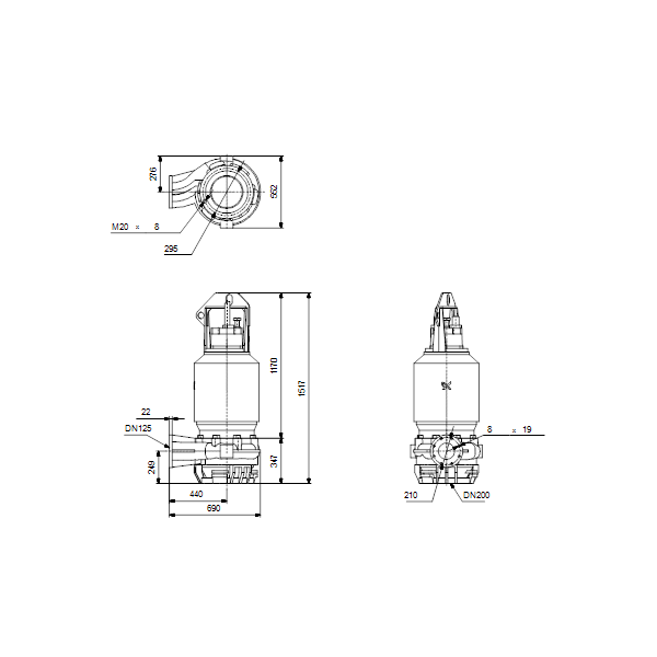 Погружной канализационный насос Grundfos S1.100.125.500.4.62M.D.367.Q.EX.D.511 артикул 96811692 – габаритный чертеж
