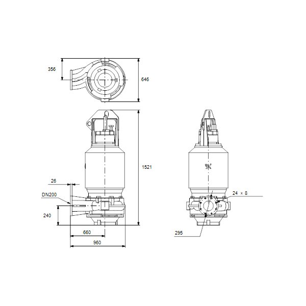 Погружной канализационный насос Grundfos S2.100.200.500.4.62L.S.290.G.N.D.511 артикул 95113227 – габаритный чертеж