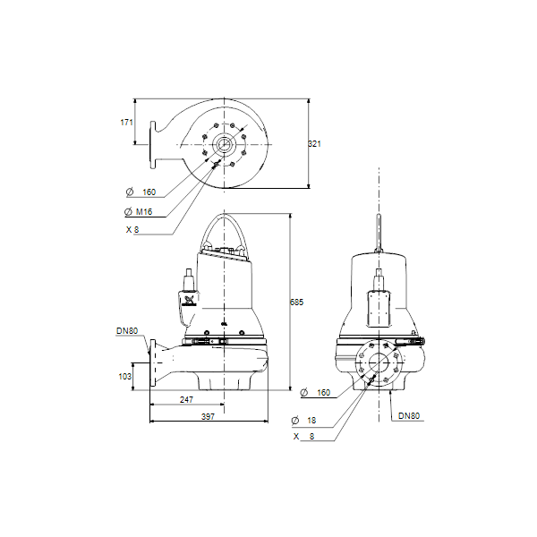 Погружной канализационный насос Grundfos SLV.65.80.22.EX.2.50D.C.Q артикул 98627024 – габаритный чертеж