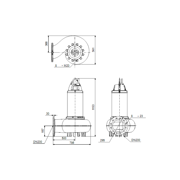 Погружной канализационный насос Grundfos SE1.110.200.185.4.52M.H.Q.N.51D артикул 99411975 – габаритный чертеж