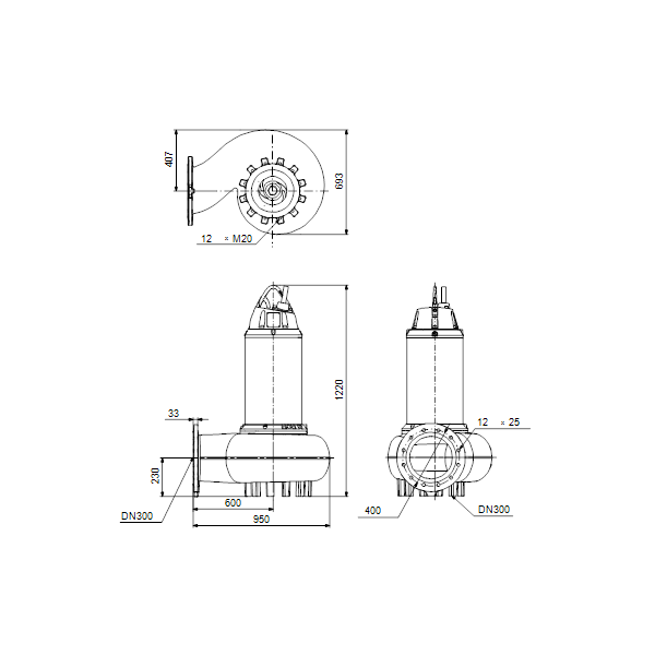 Погружной канализационный насос Grundfos SE2.125.300.110.6.52E.H.EX.51D артикул 99354606 – габаритный чертеж