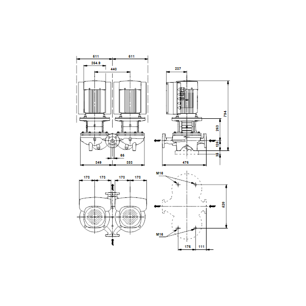 Одноступенчатый вертикальный центробежный насос «ин-лайн» Grundfos TPED 65-460/2 A-F-A-BAQE артикул 99114539 – габаритный чертеж