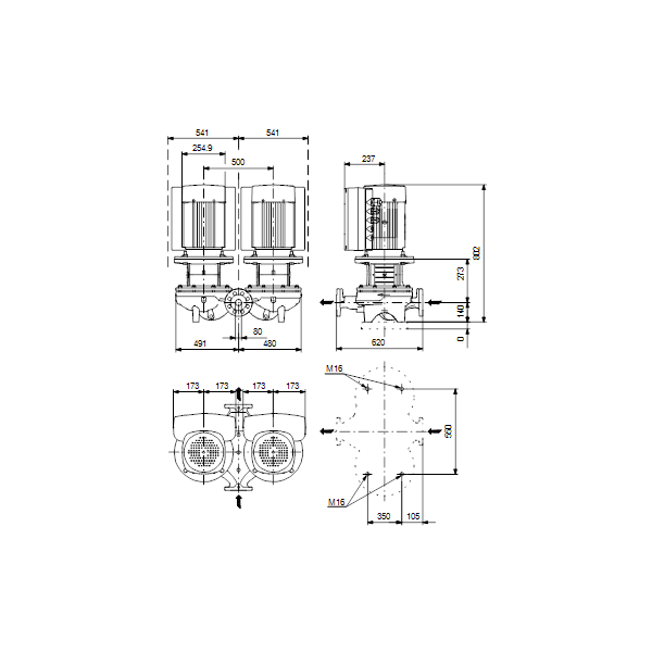 Одноступенчатый вертикальный центробежный насос «ин-лайн» Grundfos TPED 80-270/4 A-F-A-BAQE артикул 99114553 – габаритный чертеж