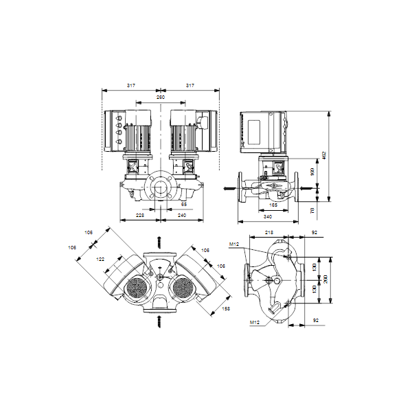 Одноступенчатый вертикальный центробежный насос «ин-лайн» Grundfos TPE3 D 65-150-S A-F-A-BQQE артикул 99272602 – габаритный чертеж