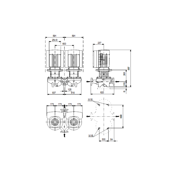 Одноступенчатый вертикальный центробежный насос «ин-лайн» Grundfos TPED 125-160/4-S A-F-A-BAQE артикул 99132791 – габаритный чертеж