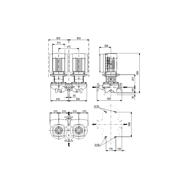 Одноступенчатый вертикальный центробежный насос «ин-лайн» Grundfos TPED 80-570/2-S A-F-A-BQQE артикул 96945797 – габаритный чертеж