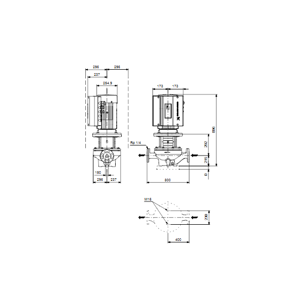 Одноступенчатый вертикальный центробежный насос «ин-лайн» Grundfos TPE 150-130/4 A-F-A-BQQE артикул 99113711 – габаритный чертеж