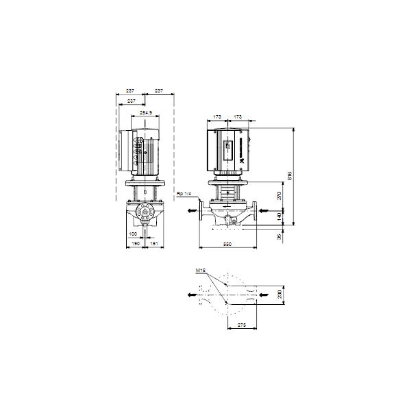 Одноступенчатый вертикальный центробежный насос «ин-лайн» Grundfos TPE 100-250/2-S A-F-A-BQQE артикул 99114824 – габаритный чертеж