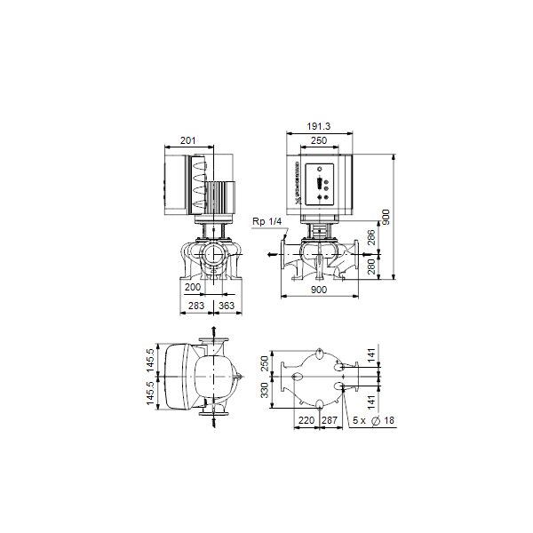 Одноступенчатый вертикальный центробежный насос «ин-лайн» Grundfos TPE 200-50/4-S A-F-A-BQQE артикул 99114833 – габаритный чертеж