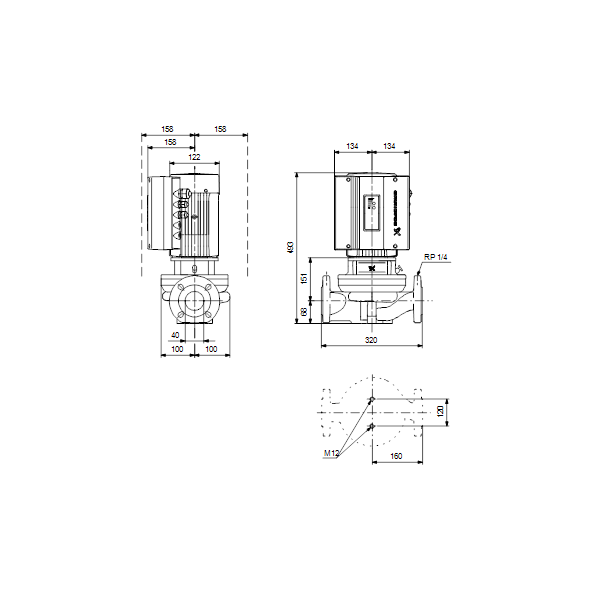 Одноступенчатый вертикальный центробежный насос «ин-лайн» Grundfos TPE 40-270/2-S A-F-A-BQQE артикул 99133662 – габаритный чертеж