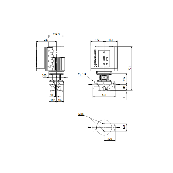 Одноступенчатый вертикальный центробежный насос «ин-лайн» Grundfos TPE 50-420/2-S A-F-A-BAQE артикул 99114575 – габаритный чертеж