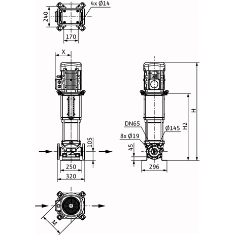 Габаритный чертеж насоса Wilo HELIX V 3604-2/25/V/KS/400-50