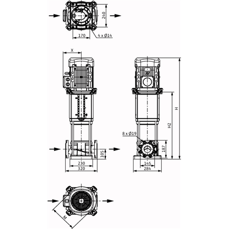 Габаритный чертеж насоса Wilo HELIX V 3604/2-1/16/E/KS/400-50