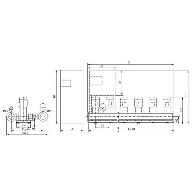 Габаритный чертеж насосной станции Wilo COR-3 HELIX V 1004/Skw-EB-R