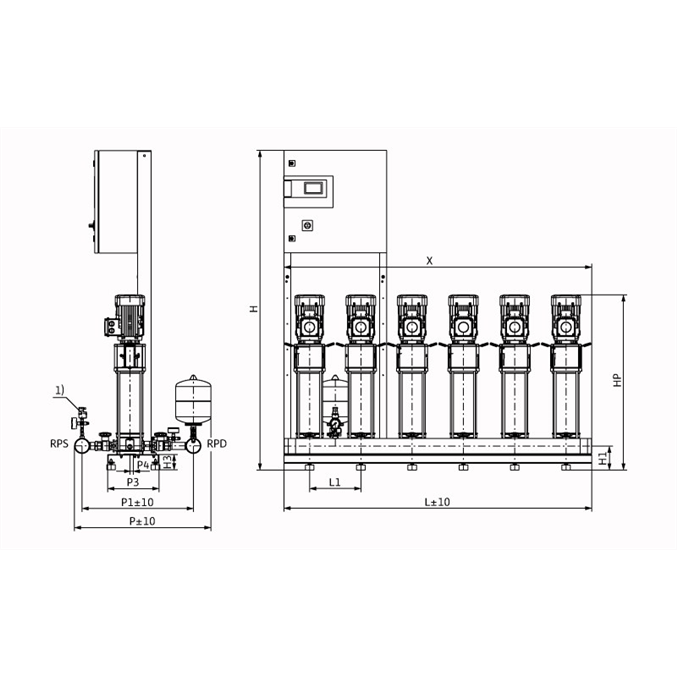 Габаритный чертеж насосной станции Wilo COR-6 HELIX V 607/SKw-EB-R